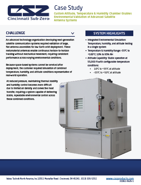 Custom altitude, temperature, and humidity environmental test chamber used for satellite antenna testing, featuring a large enclosed chamber with control system for simulating high-altitude conditions up to 55,000 ft.