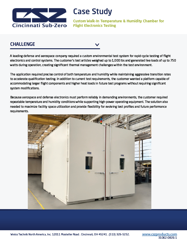 Custom altitude, temperature, and humidity environmental test chamber used for satellite antenna testing, featuring a large enclosed chamber with control system for simulating high-altitude conditions up to 55,000 ft.